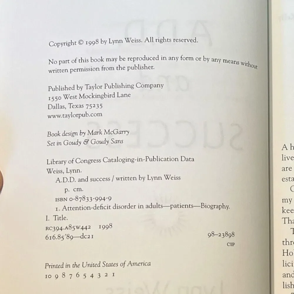 A.D.D. and Success 1998 ADHD Self Help Paperback Lynn Weiss